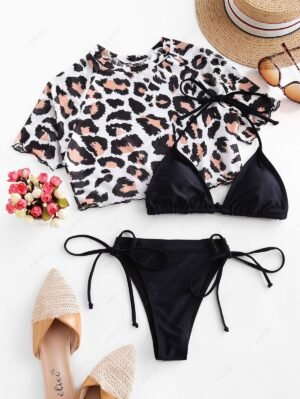 outfits ZAFUL Leopard Tie Side Three Piece Swimsuit - BLACK L