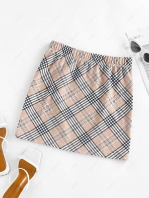 fancy ZAFUL Plaid Elastic Waist Mini Skirt - LIGHT COFFEE M