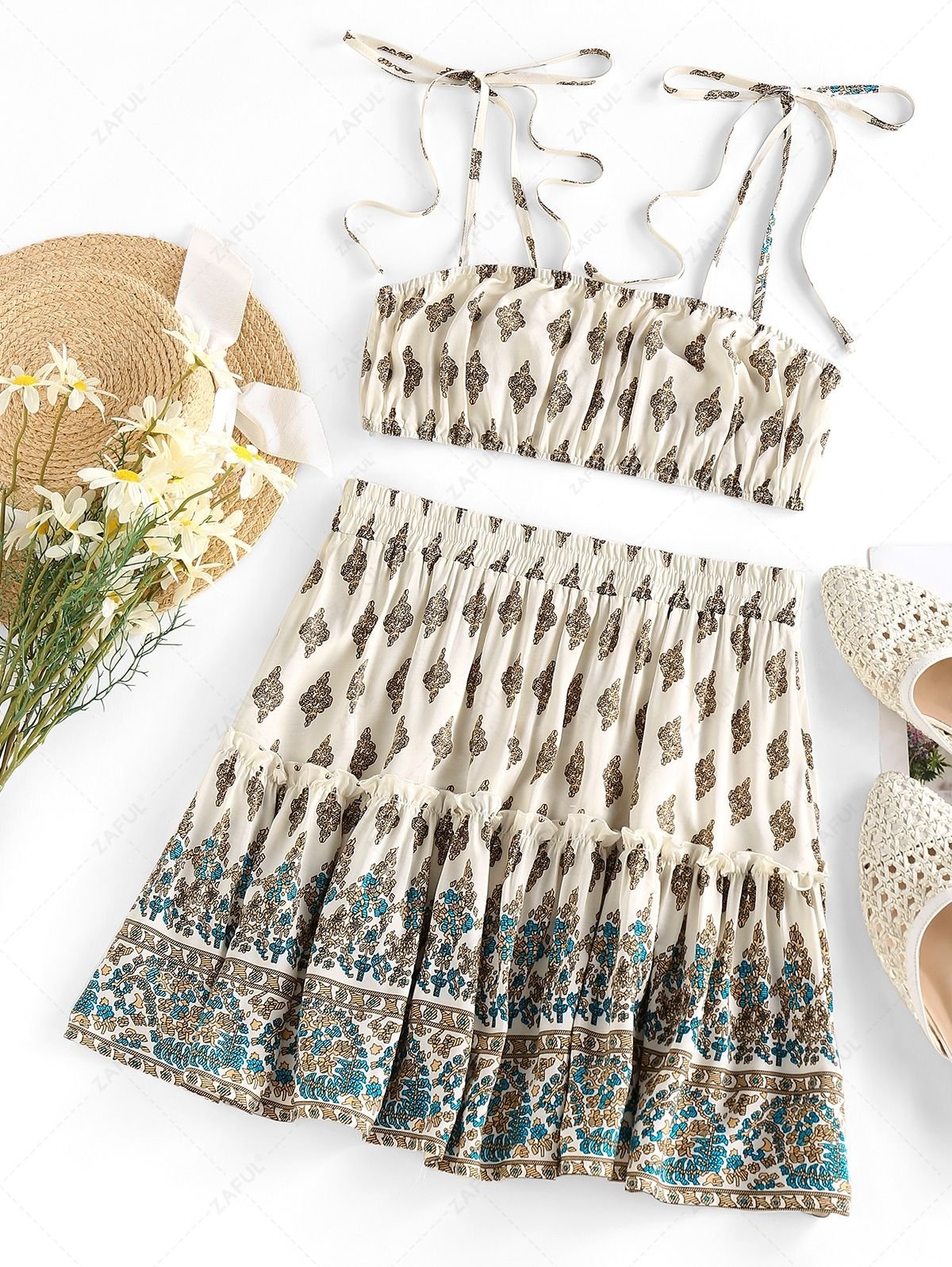 latest ZAFUL Floral Print Cami Top and Skirt Co Ord Set - MULTI S