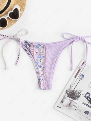 new ZAFUL Bohemian Flower Ribbed Tie Side Bikini Bottom - LIGHT PURPLE S