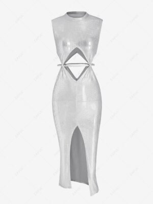 fashion Sparkly Foil Print Cut Out Front Slit Bodycon Vegas Dress - SILVER M