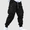 lady Men's Flap Pocket Drawstring Elastic Waist Streetwear Casual Techwear Jogger Cargo Pants - BLACK M