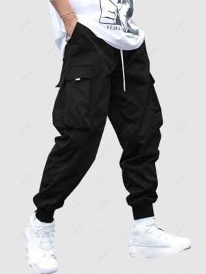 lady Men's Flap Pocket Drawstring Elastic Waist Streetwear Casual Techwear Jogger Cargo Pants - BLACK M