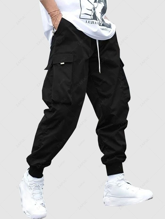 lady Men's Flap Pocket Drawstring Elastic Waist Streetwear Casual Techwear Jogger Cargo Pants - BLACK M