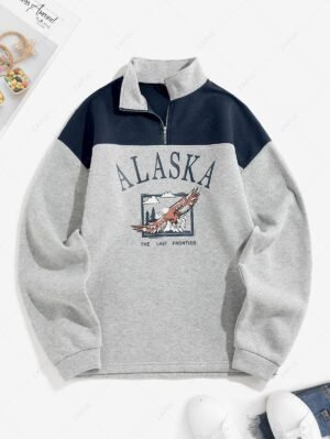shops ZAFUL Fleece Lined ALASKA Graphic Quarter Zip 90s Sweatshirt - DEEP BLUE L
