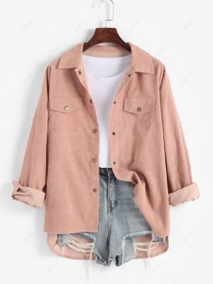 ladies ZAFUL High Low Flap Details Corduroy Shacket - LIGHT PINK M
