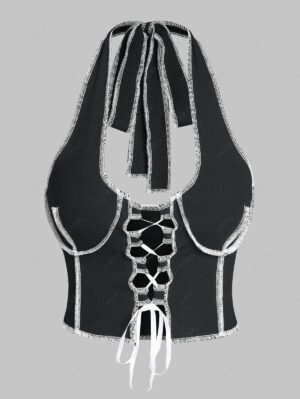 new ZAFUL Topstitching Ribbed Lace Up Halter Tank Top - BLACK S