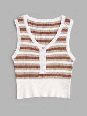 women Button Loop Striped Knitted Tank Top - MULTI S