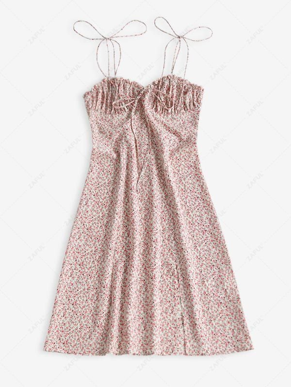 unique ZAFUL Front Slit Tie Shoulder Tiny Floral Dress - LIGHT PINK S