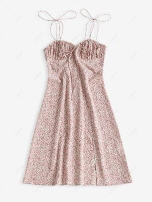 unique ZAFUL Front Slit Tie Shoulder Tiny Floral Dress - LIGHT PINK S