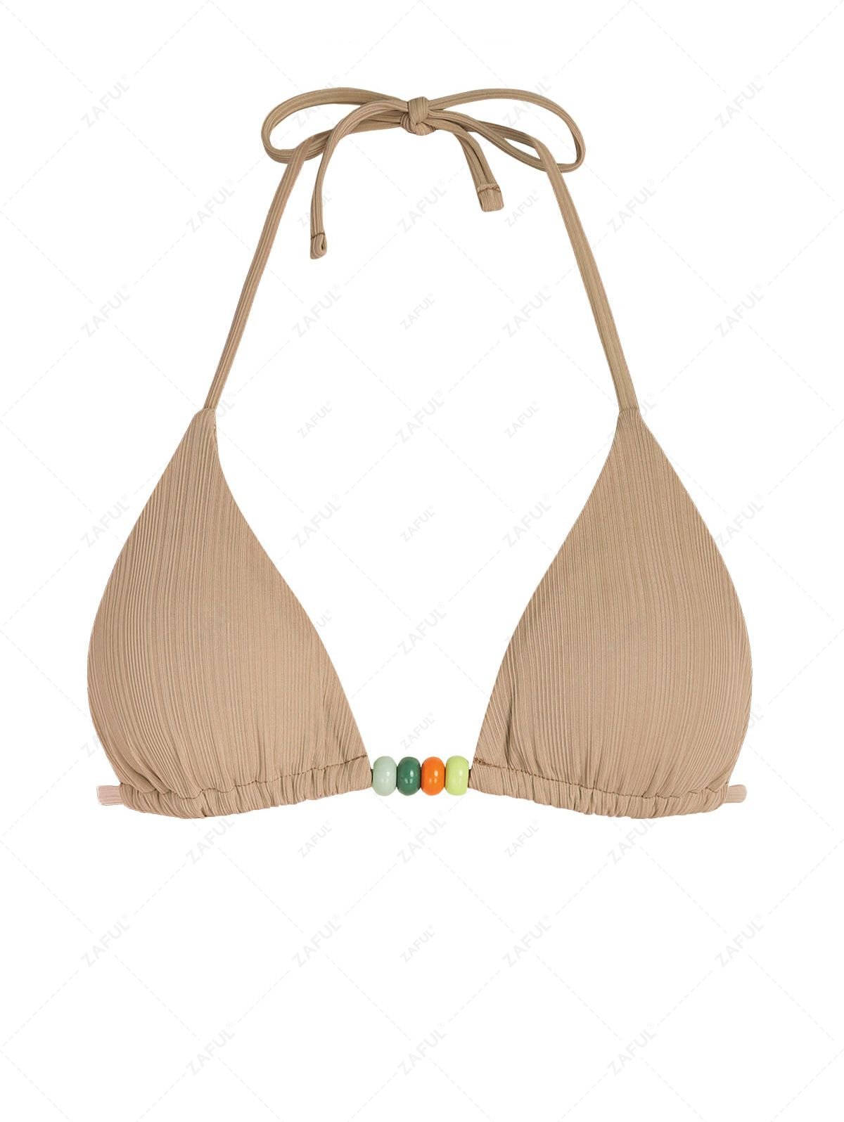 womens Ribbed Beading Bikini Top - LIGHT COFFEE L