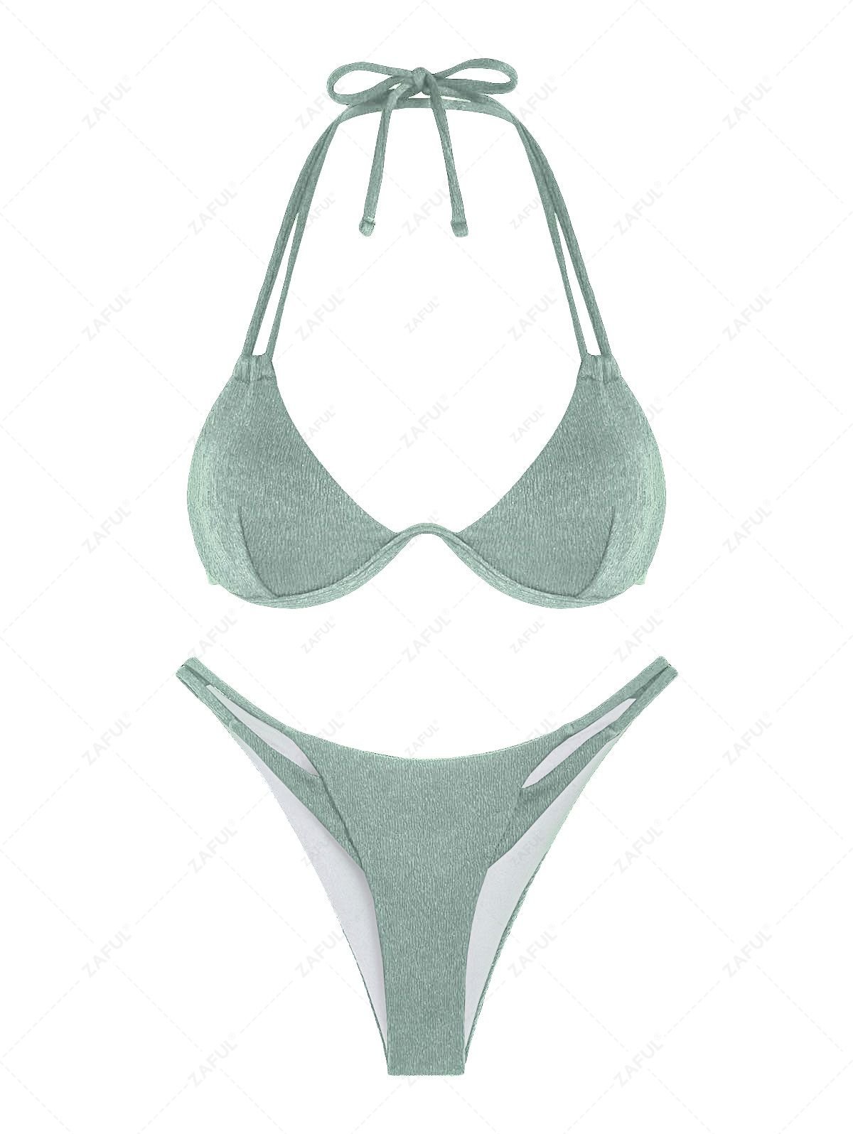 ladies ZAFUL Double Layered Wrinkle Textured Monowire Bikini Swimwear - LIGHT GREEN L