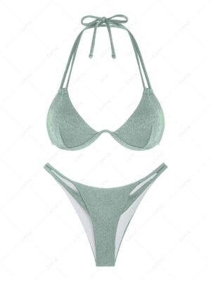 ladies ZAFUL Double Layered Wrinkle Textured Monowire Bikini Swimwear - LIGHT GREEN L