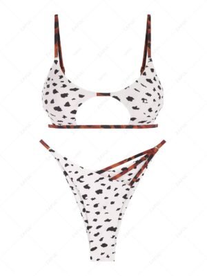 shops ZAFUL Animal Print Cut Out Strappy Bikini Swimwear - WHITE L