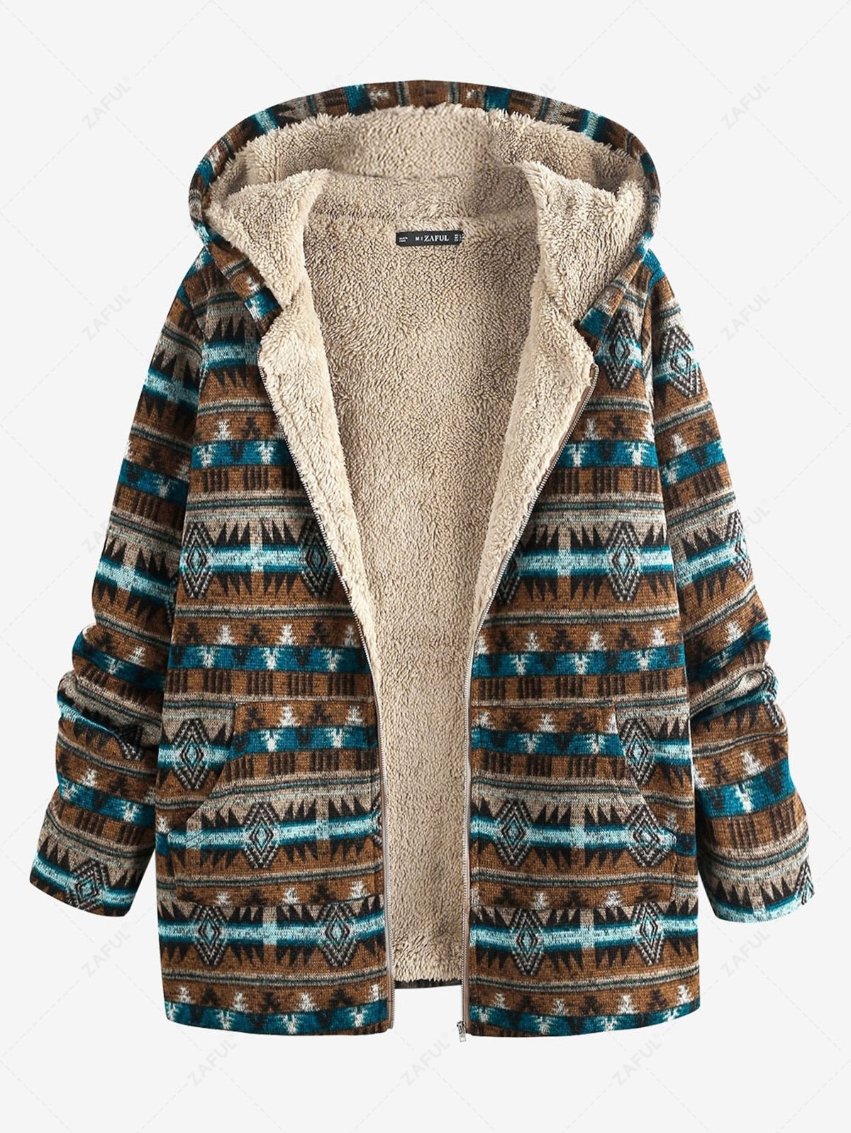hot ZAFUL Ethnic Print Faux Fur Lined Hooded Zip Coat - COFFEE L