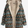 hot ZAFUL Ethnic Print Faux Fur Lined Hooded Zip Coat - COFFEE L