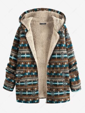 hot ZAFUL Ethnic Print Faux Fur Lined Hooded Zip Coat - COFFEE L