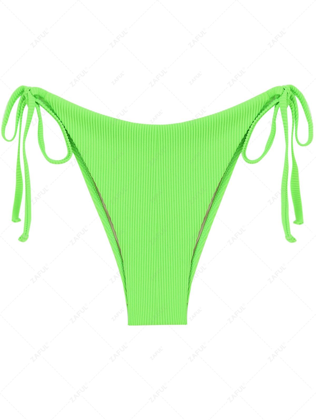 fashion ZAFUL Ribbed Tie Side Tanga Bikini Bottom - GREEN XS