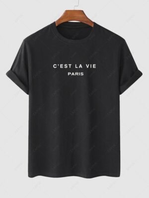 women's Men's Short Sleeve Crew Neck C'EST LA VIE PARIS Letter Printed Casual Summer T-shirt - BLACK M
