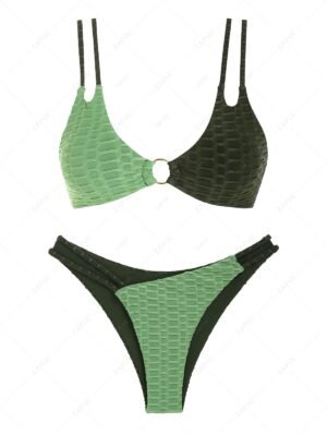 buy ZAFUL Two Tone O-ring Honeycomb Textured Bikini Swimwear - GREEN S