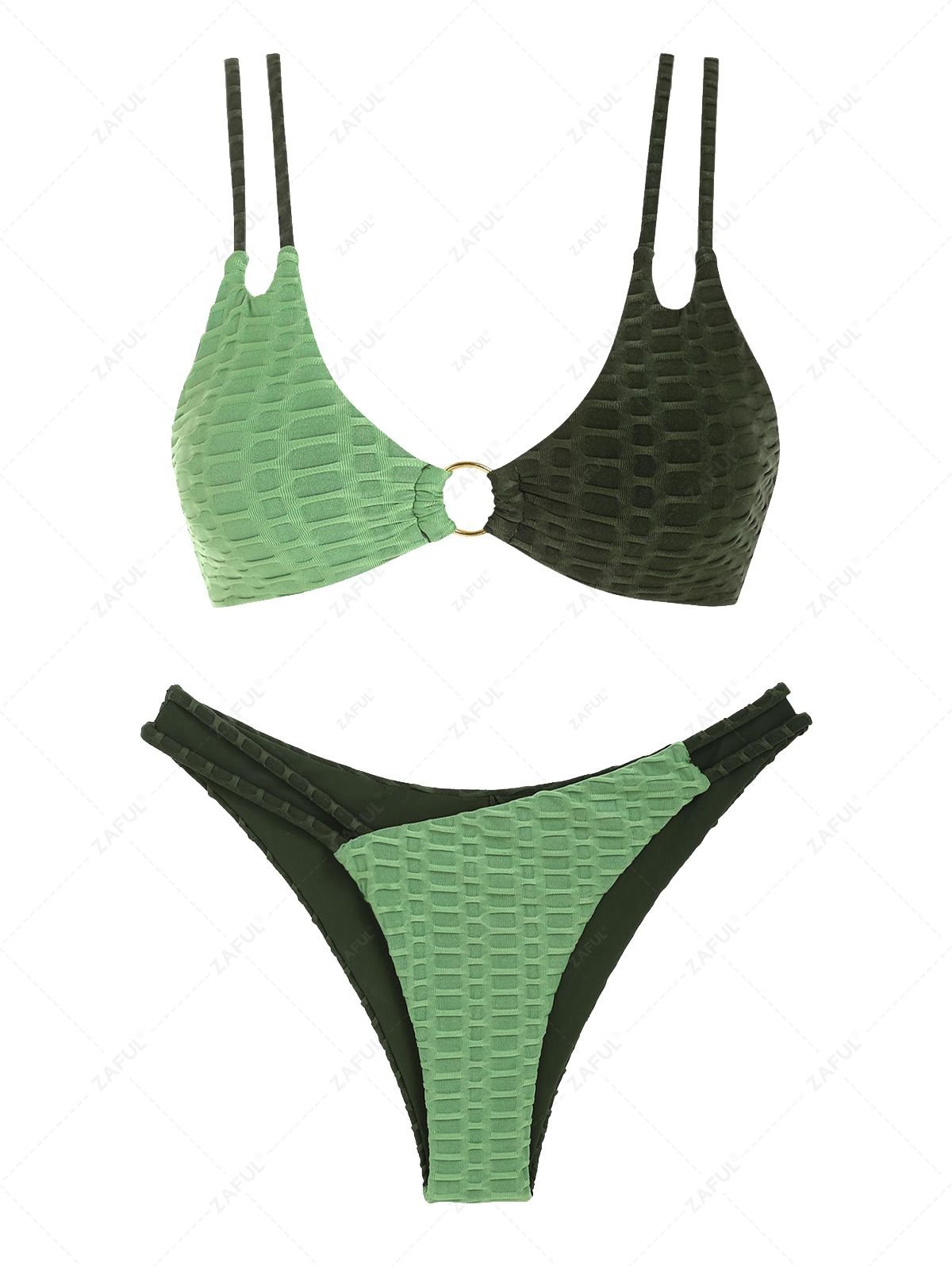 buy ZAFUL Two Tone O-ring Honeycomb Textured Bikini Swimwear - GREEN S