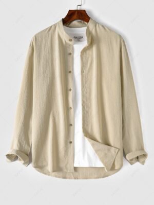new Cotton and Linen Textured Long Sleeves Basic Shirt - LIGHT COFFEE S