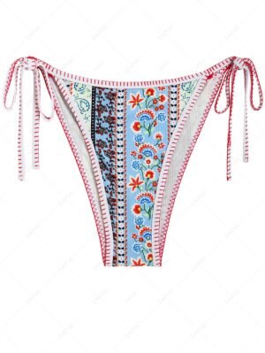 shops ZAFUL Bohemian Flower Ribbed Whip Stitching Tanga Bikini Bottom - LIGHT BLUE M