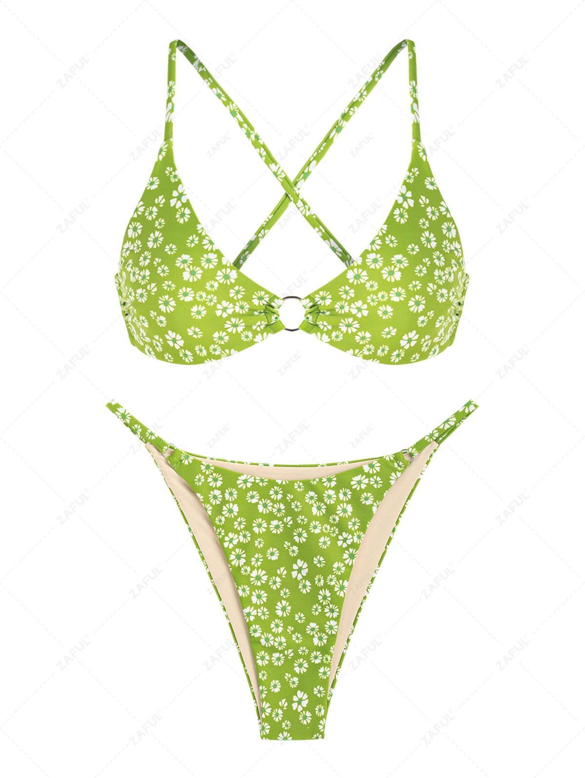 new ZAFUL Ditsy Floral Print O Ring Criss Cross Bikini Swimwear - LIGHT GREEN M