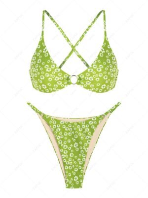 new ZAFUL Ditsy Floral Print O Ring Criss Cross Bikini Swimwear - LIGHT GREEN M