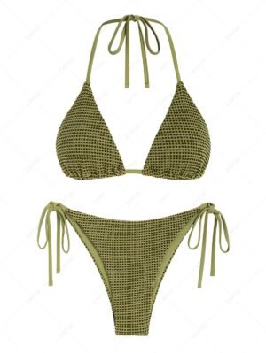 fashion ZAFUL Halter Tie Side Textured String Triangle Bikini Swimwear - LIGHT GREEN M