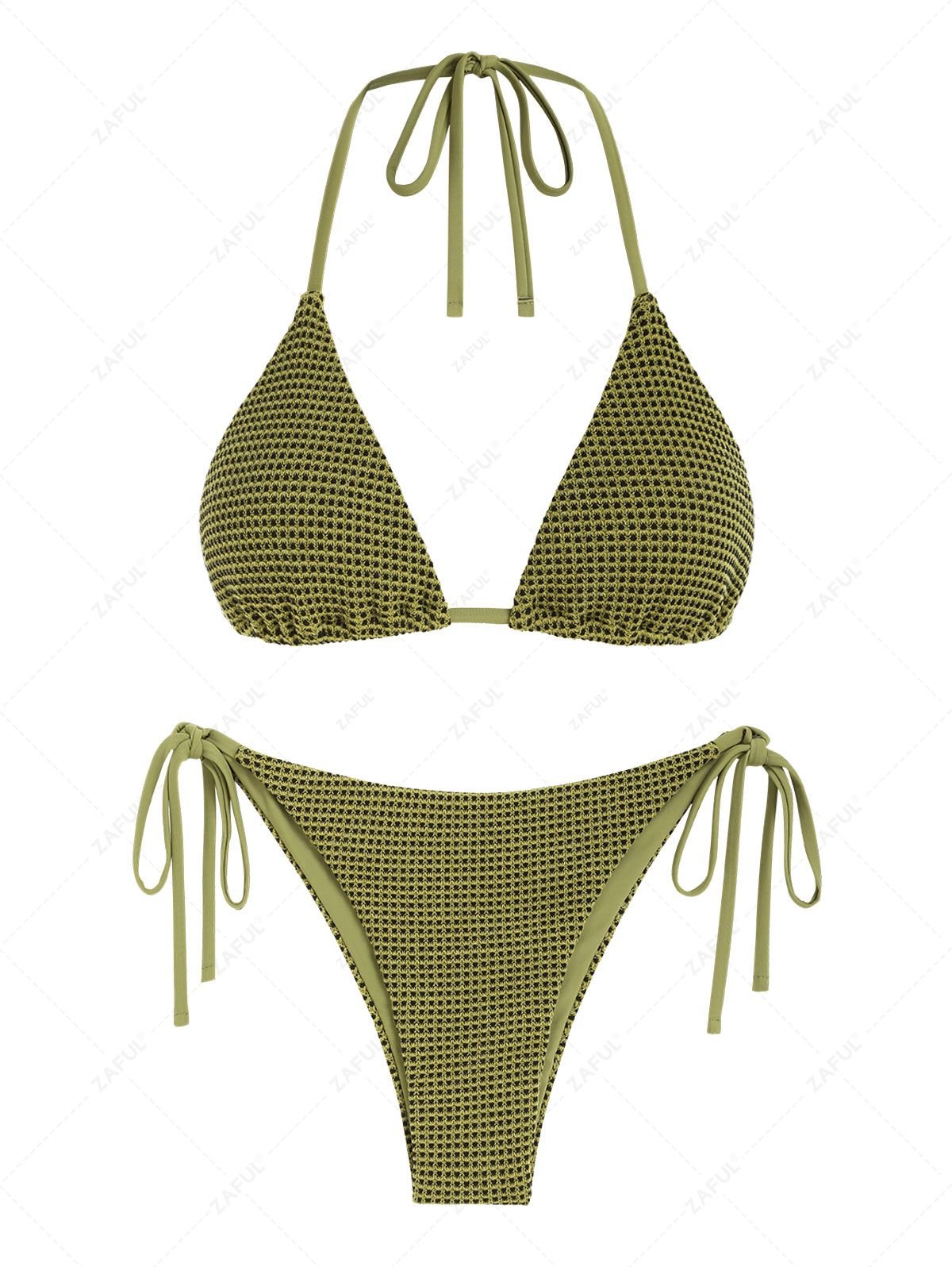 fashion ZAFUL Halter Tie Side Textured String Triangle Bikini Swimwear - LIGHT GREEN M