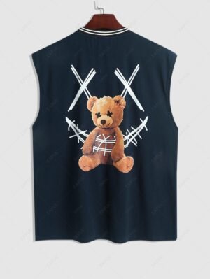 outfits ZAFUL Rib Collar Smile Face Cartoon Bear Sleeveless T Shirt Summer Tank Top - DEEP BLUE XXL