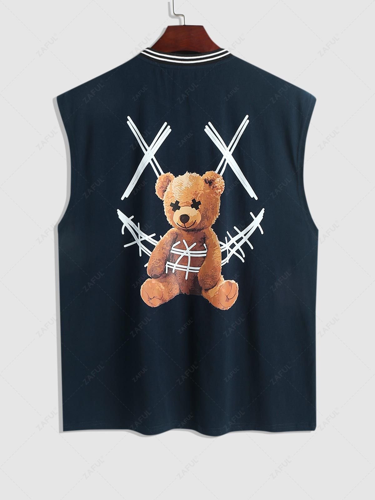 outfits ZAFUL Rib Collar Smile Face Cartoon Bear Sleeveless T Shirt Summer Tank Top - DEEP BLUE XXL