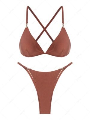 shop ZAFUL Criss Cross Rhinestones Shiny Tanga Triangle Bikini Swimwear - COFFEE L