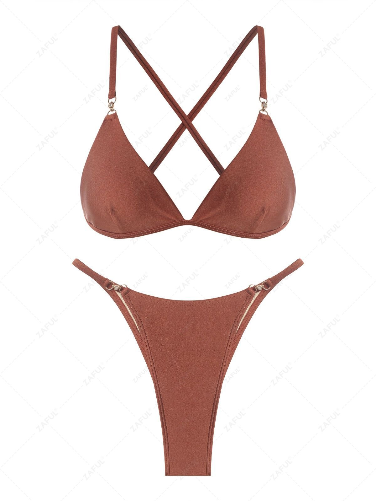 shop ZAFUL Criss Cross Rhinestones Shiny Tanga Triangle Bikini Swimwear - COFFEE L