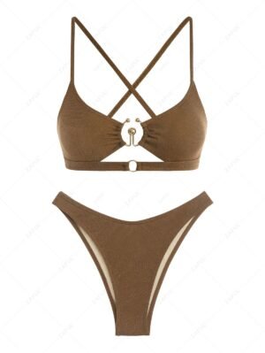 online ZAFUL Women's Sexy Cut Out Criss Cross Tie Back O Ring Metal Glitter Metallic Cheeky Bikini Set Swimwear - DEEP COFFEE S