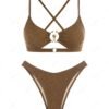 online ZAFUL Women's Sexy Cut Out Criss Cross Tie Back O Ring Metal Glitter Metallic Cheeky Bikini Set Swimwear - DEEP COFFEE S