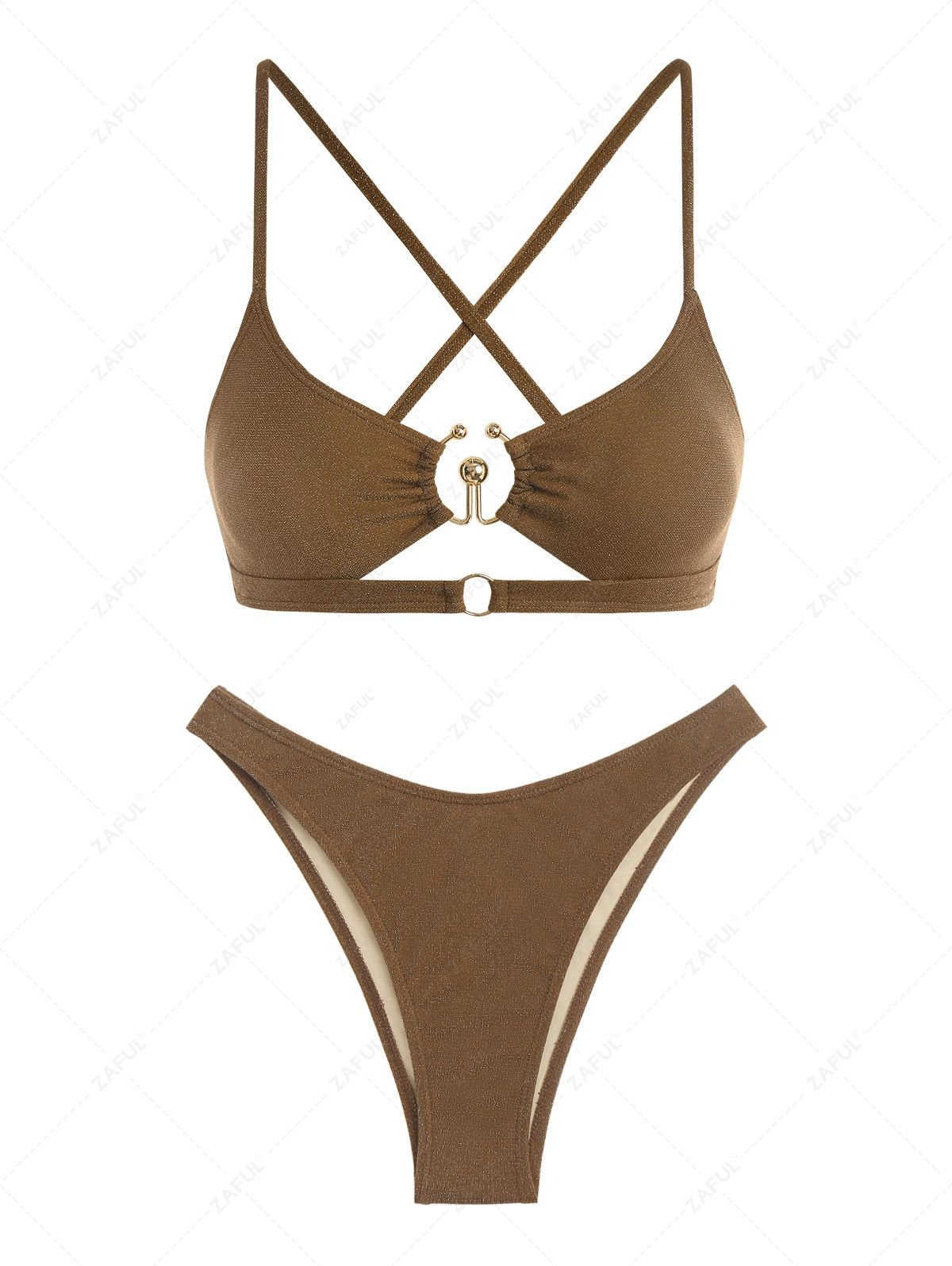 online ZAFUL Women's Sexy Cut Out Criss Cross Tie Back O Ring Metal Glitter Metallic Cheeky Bikini Set Swimwear - DEEP COFFEE S