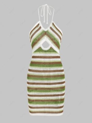 buy Stripes Crochet Knit Cut Out Halter Open Back Mini Dress - GREEN L