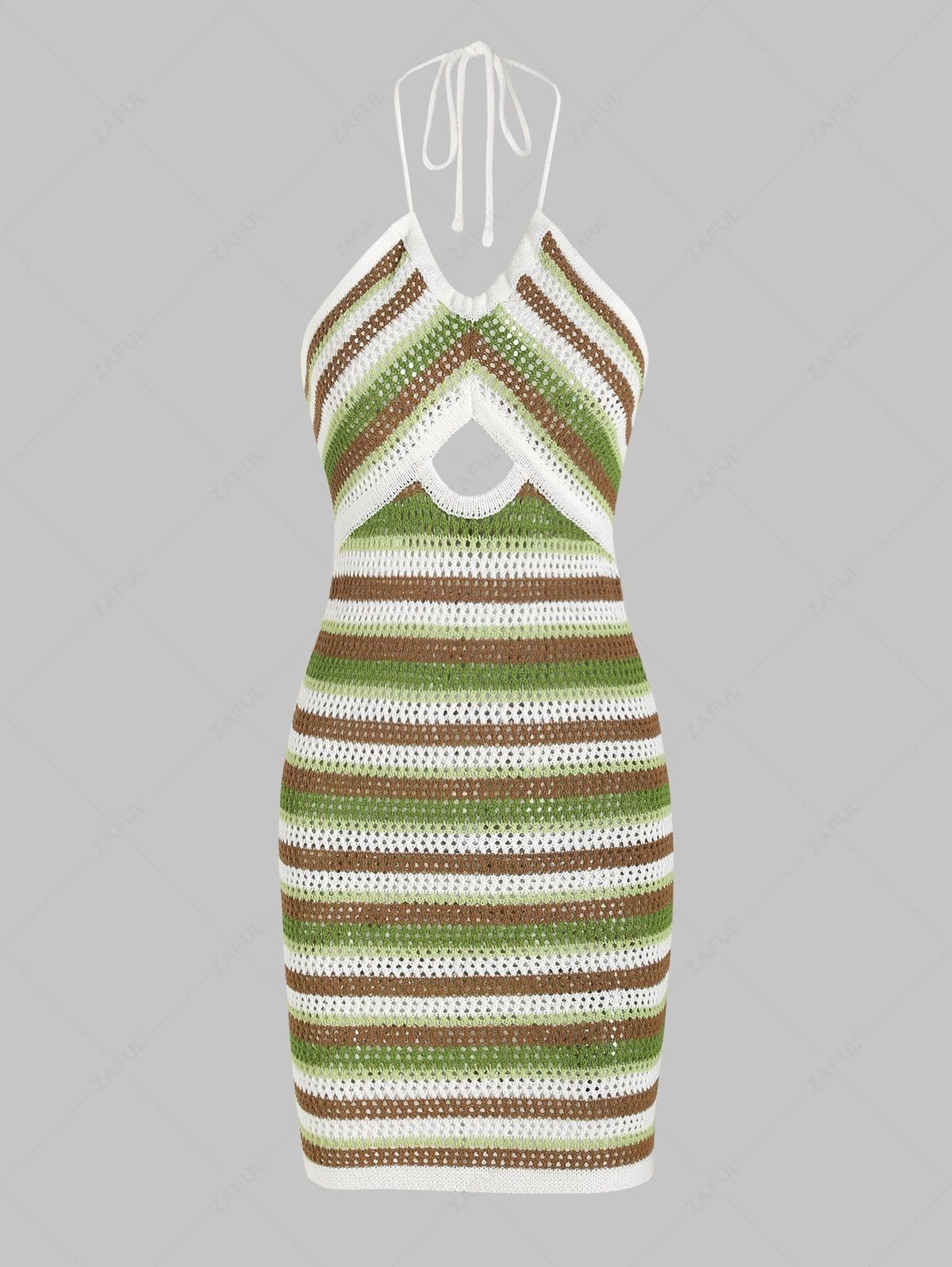 buy Stripes Crochet Knit Cut Out Halter Open Back Mini Dress - GREEN L
