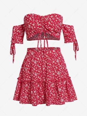 new ZAFUL Ditsy Print Cinched Off Shoulder Ruffle Mini Skirt Set - RED L