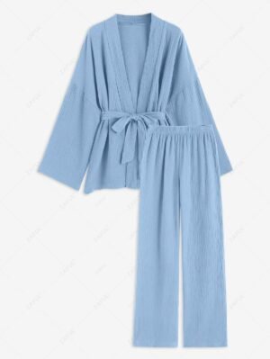 new Women's Daily Home Co Ord Two Piece Set Solid Color Drop Shoulder Long Sleeve Wrap Top with High Waisted Wide Leg Pants Set - LIGHT BLUE M