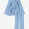 new Women's Daily Home Co Ord Two Piece Set Solid Color Drop Shoulder Long Sleeve Wrap Top with High Waisted Wide Leg Pants Set - LIGHT BLUE M