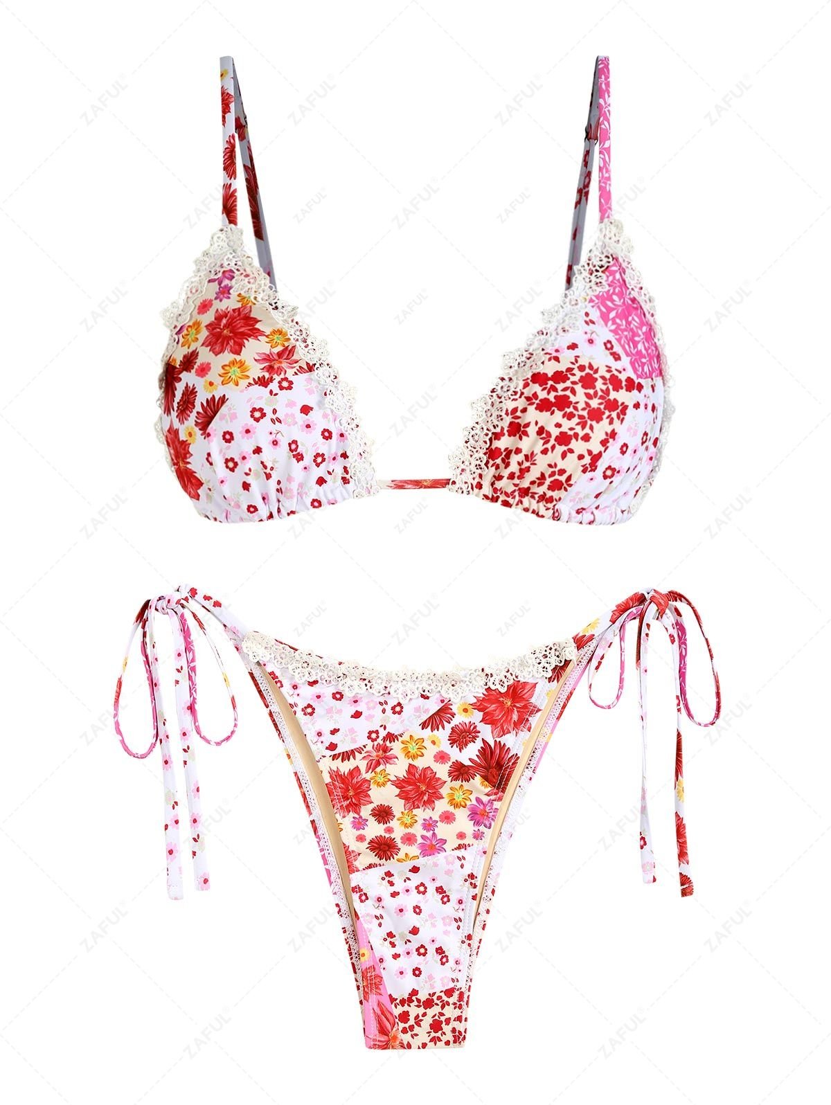 best ZAFUL Women's Ditsy Floral Print Colorblock Tie Side Lace Trim Tanga Triangle Bikini Set Two Piece Swimwear - LIGHT PINK L