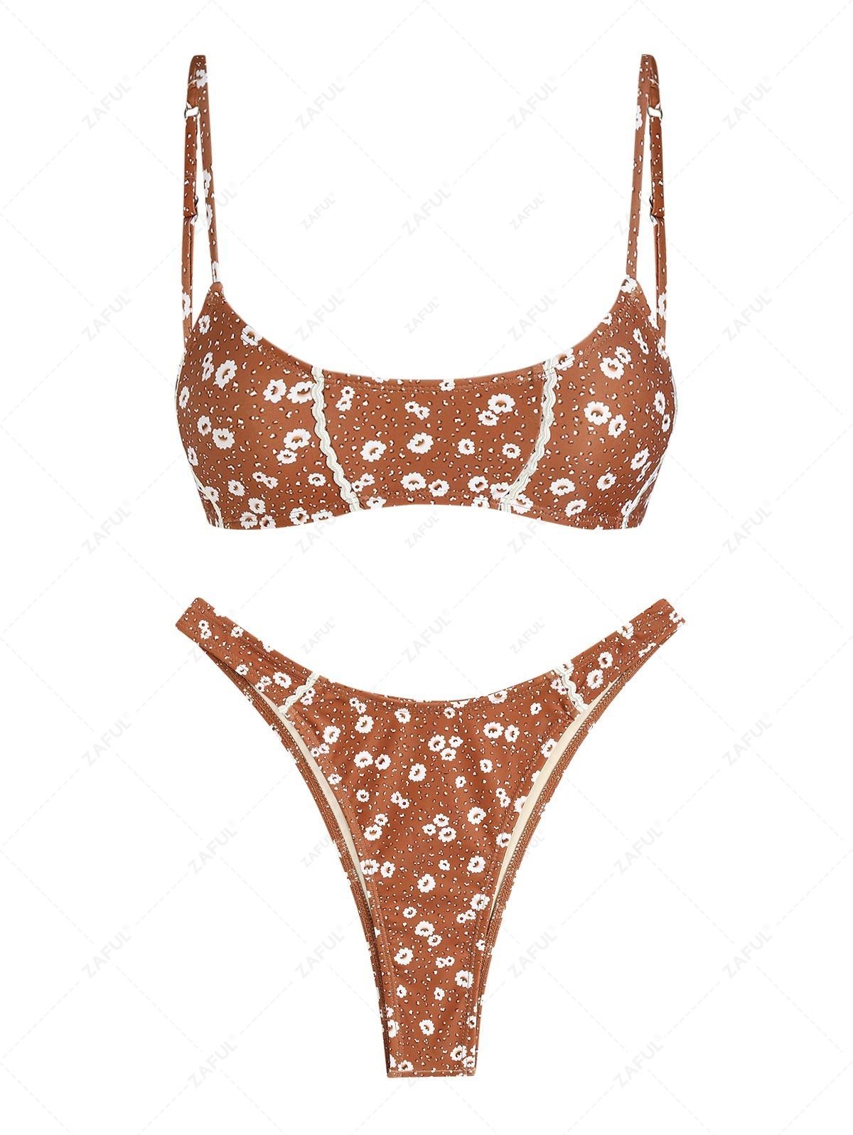 hot ZAFUL Women's Sexy Two Piece Swimwear Floral Print Adjustable Spaghetti Strap Picot Trim High Leg Cheeky Tank Style Bikini Set - COFFEE S