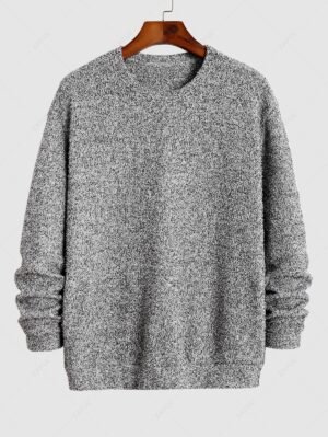 women ZAFUL Men's Crew Neck Heathered Fluffy Knitted Drop Shoulder Pullover Sweatshirt - GRAY XL