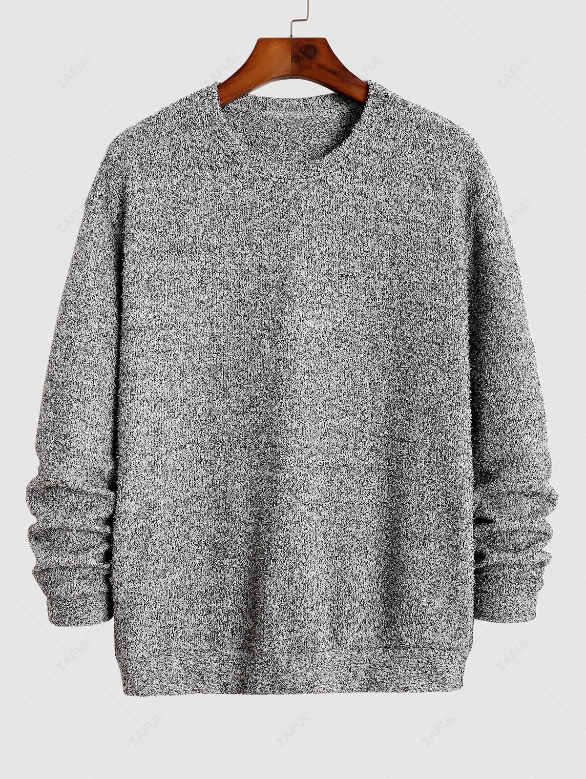 women ZAFUL Men's Crew Neck Heathered Fluffy Knitted Drop Shoulder Pullover Sweatshirt - GRAY XL