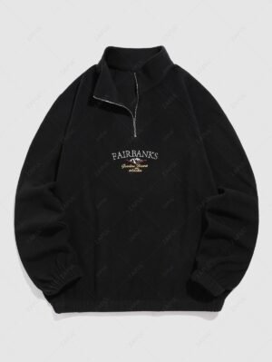 lady ZAFUL Raglan Sleeves FAIRBANKS Mountain Landscape Embroidery Quarter Zip Polar Fleece Sweatshirt - BLACK L
