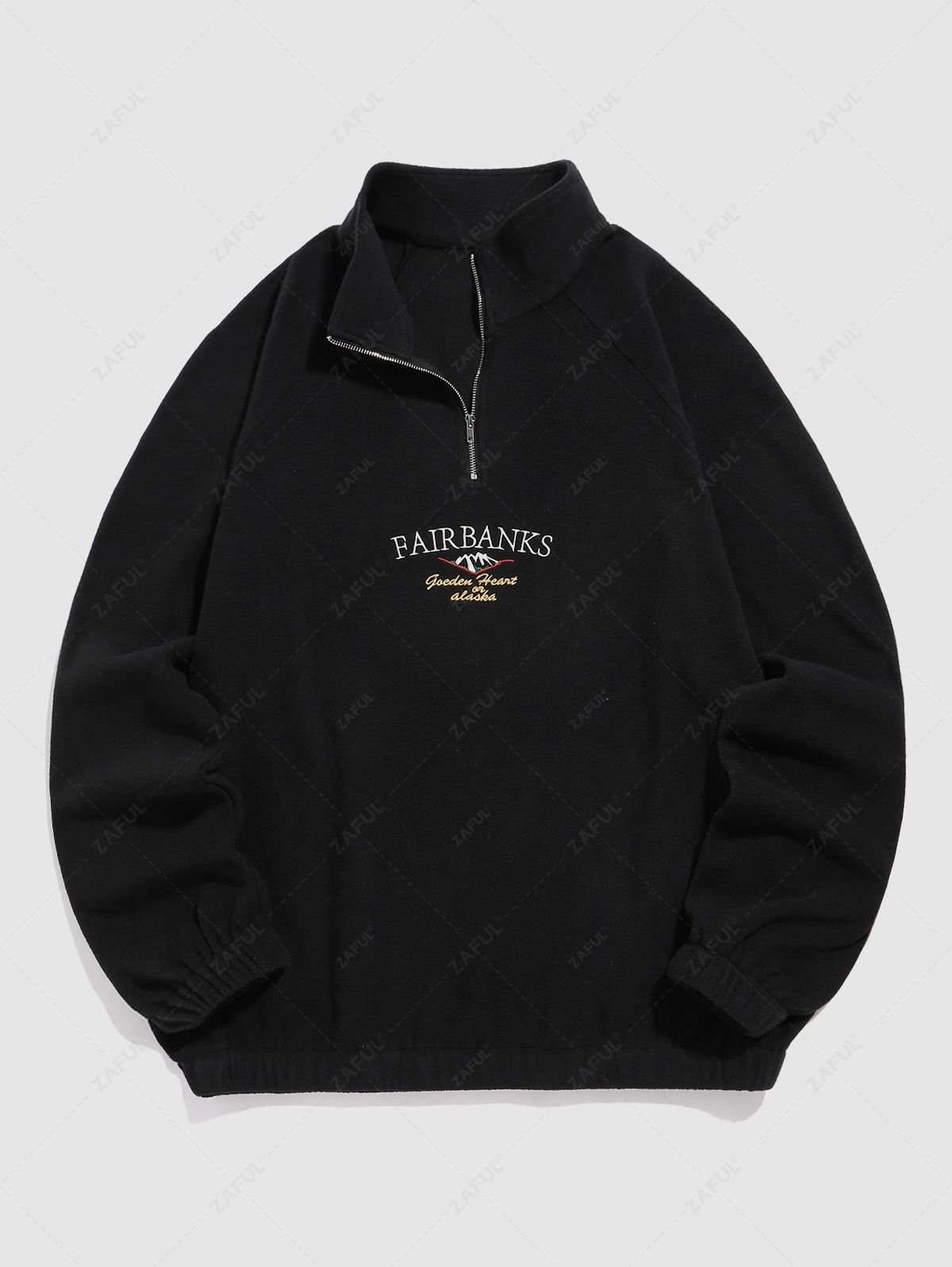 lady ZAFUL Raglan Sleeves FAIRBANKS Mountain Landscape Embroidery Quarter Zip Polar Fleece Sweatshirt - BLACK L