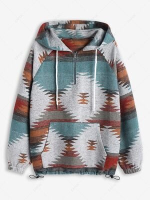 chic ZAFUL Women's Daily Ethnic Aztec Print Long Raglan Sleeve Kangaroo Pocket Quarter Zip Toggle Drawstring Hem Pullover Hoodie - MULTI L